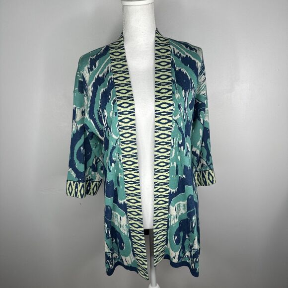 Soft surroundings Knit Cardigan Sz M PM  Teal Blue Graphic Print Comfort Artsy - Picture 2 of 6